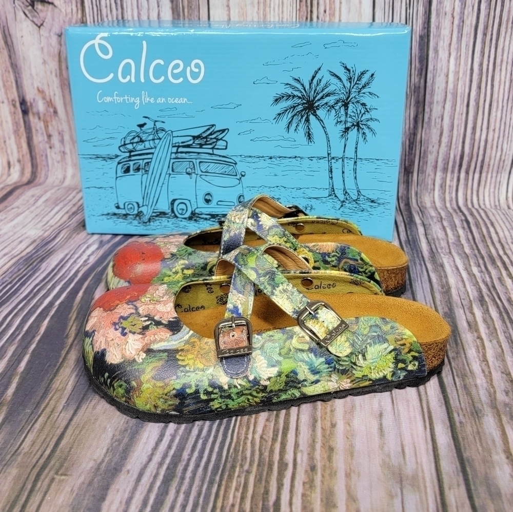 CALCEO Floral Crisscross Strap Leather Slip On Mules
